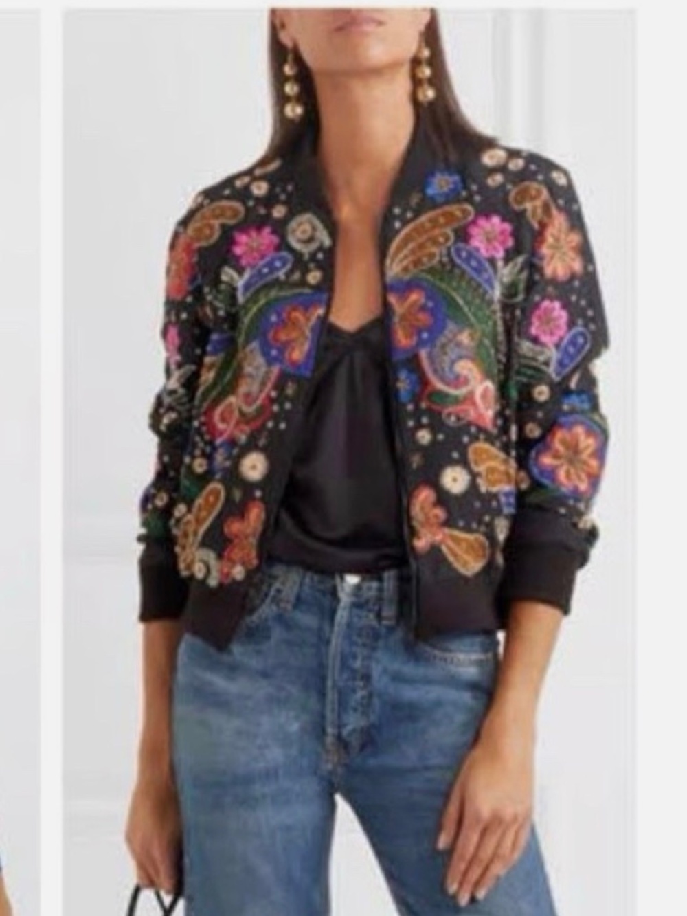 Alice + Olivia Felisa Floral Embroidery Embellished Silk Bomber Jacket in size L - Picture 2 of 14